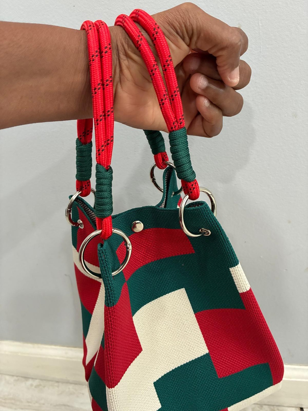 Canvas Geo Tote Bag in Green, Red & Cream - Designer Style